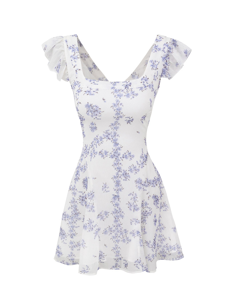 White floral dress with ruffled sleeves and square neckline