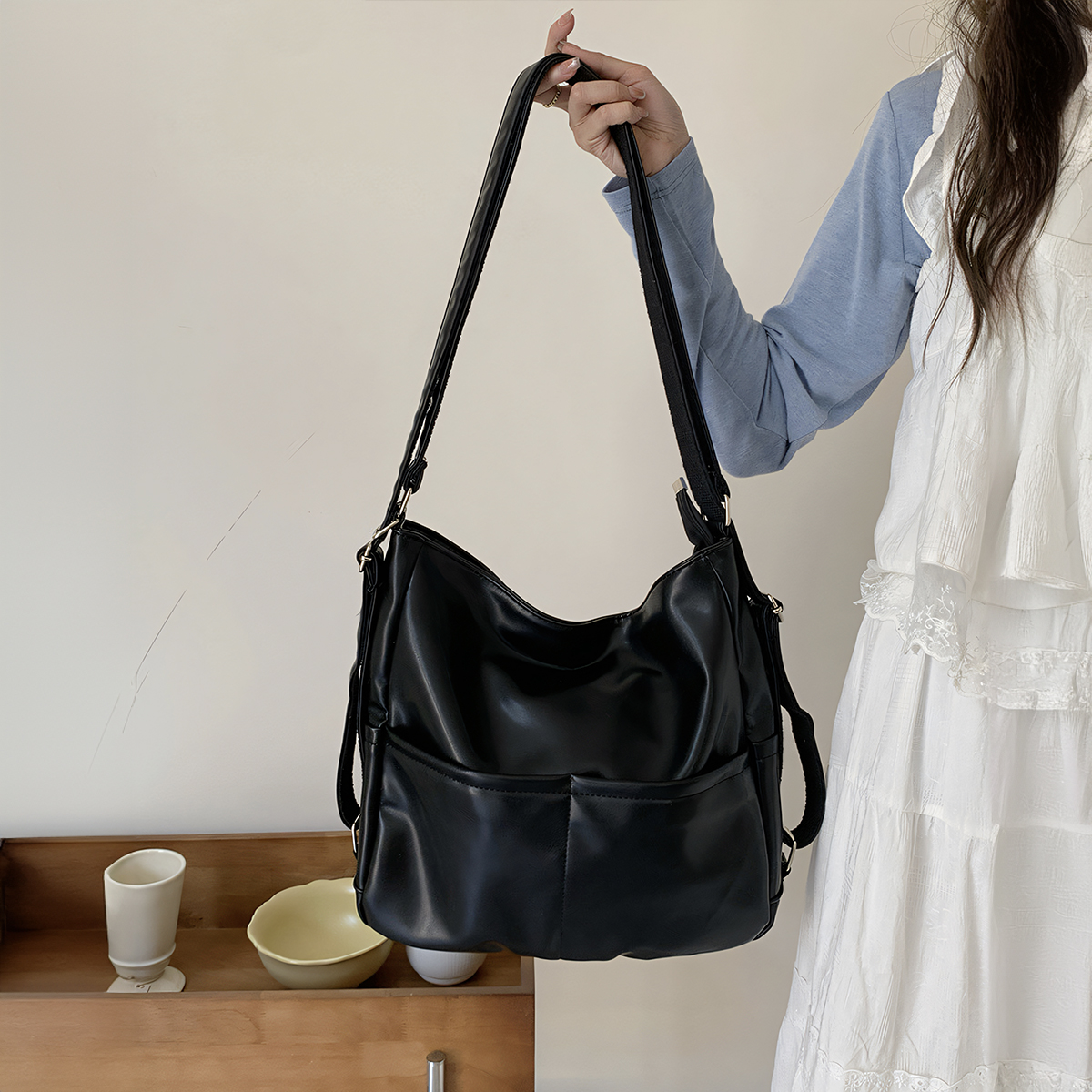 BagGirl 韩系托特包质感通勤包2024新款pu软皮双肩包拉链斜挎大包