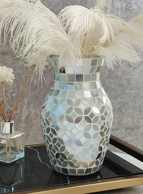 北欧纯手工浅灰色马赛克铜钱玻璃花瓶时尚家居客厅餐厅装饰摆设