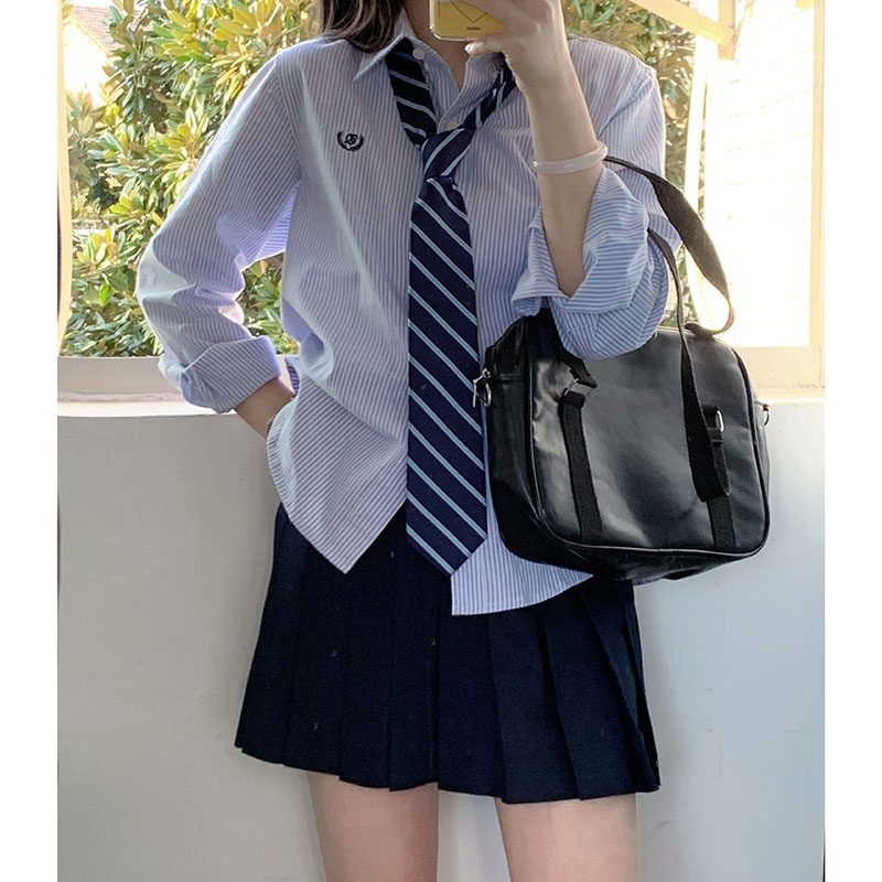 湫奈社原创2022春秋蓝白条纹JK制服衬衫女宽松学院风衬衣纯棉上衣
