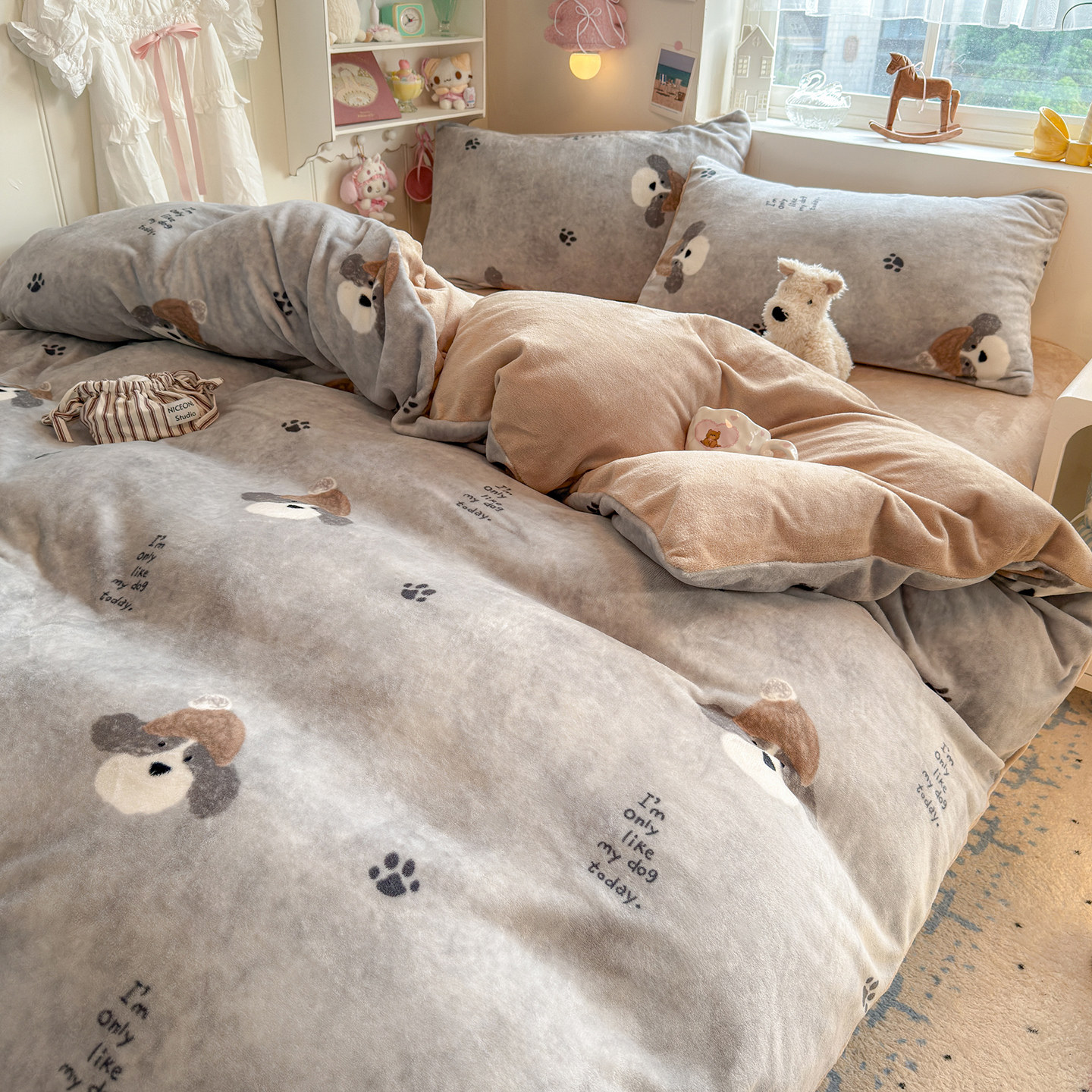 A类ins小清新卡通可爱牛奶绒四件套床单床笠款双面绒被罩加厚被套