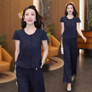时尚气质套装女2026夏季新款小个子减龄韩系短袖上衣阔腿裤两件套
