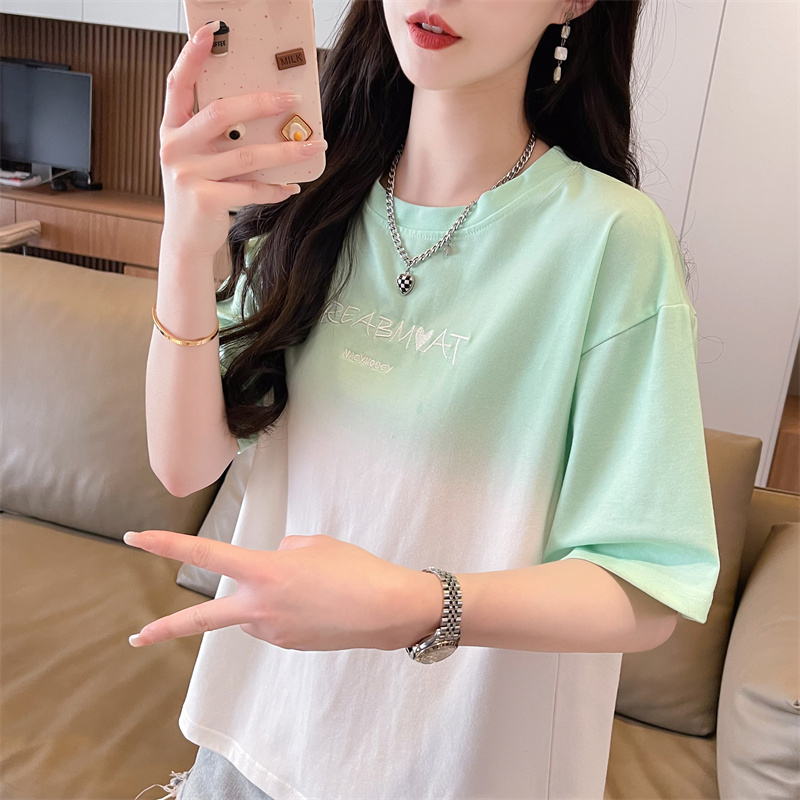 扎染渐变色短袖t恤女夏季2025新款韩版宽松大码女装小个子上衣服