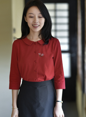 25CXA-146【画意】前世今生复古温婉文艺翻领直门襟绣花针织衬衫