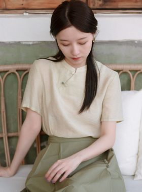 22CXA-282【白蕊青天】前世今生复古轻中式立领花扣短袖衬衫