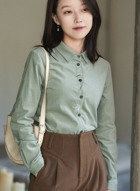 21QDA-248【竹韵疏影】前世今生复古文艺翻领绣花细灯芯绒衬衫