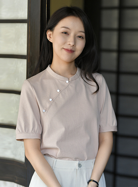 25CXA-205【妍姿】前世今生复古新中式立领斜襟短袖针织棉T恤