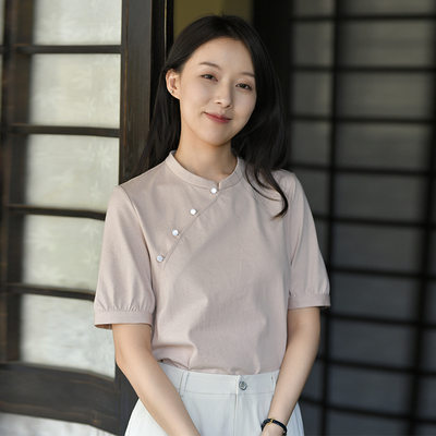 新中式立领斜襟短袖针织棉T恤