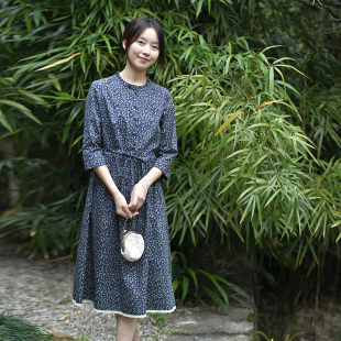 前世今生温婉文艺木耳边领口碎花连衣裙 25CXC 119 墨染清欢