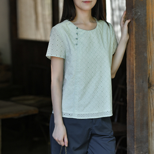前世今生清新文艺圆领偏襟短袖 25CXA 326 莲叶田田 衬衫