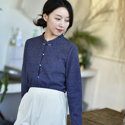 长袖直门襟针织T恤直门襟单排扣