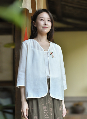 25CXA-343【木槿流年】前世今生温婉文艺V领绣花七分袖开衫