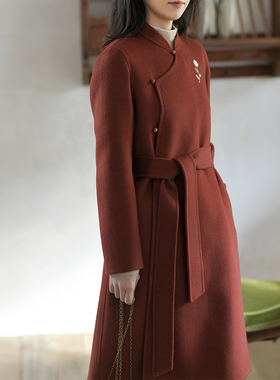 23QDA-408【红霞映窗】前世今生复古轻中式立领绣花毛呢长款大衣