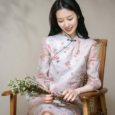 前世今生中式风立领斜襟花色旗袍