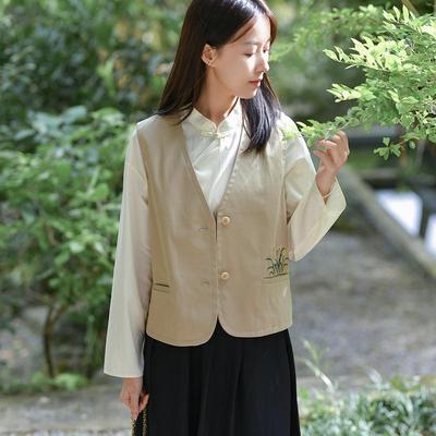 8-25CXA-067【芳草连天】前世今生简约复古春款文艺V领绣花马夹