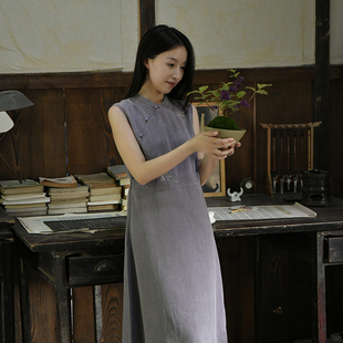 25CXC-235【杨柳月】前世今生轻中式原创无袖立领修身连衣裙