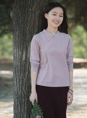 19QDA-055【素秋】秋前世今生立领斜襟中式长袖针织简约T恤上衣