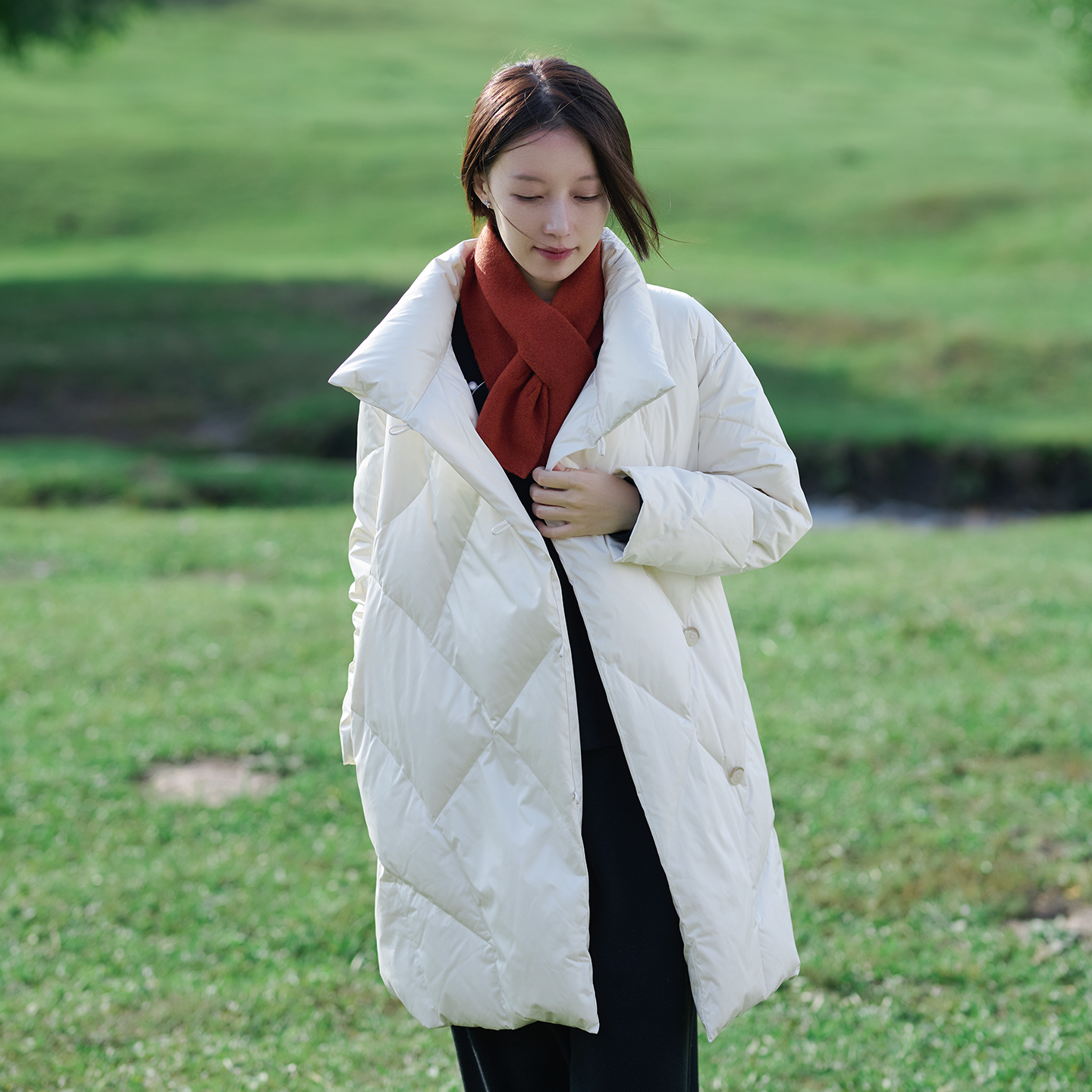 复古文艺大立领中长白鸭绒羽绒服