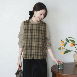 前世今生复古温婉轻中式 秋窗闻雨 圆领偏襟格子马甲 198 22QDA