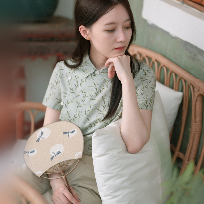 直身型复古轻中式短袖棉印花