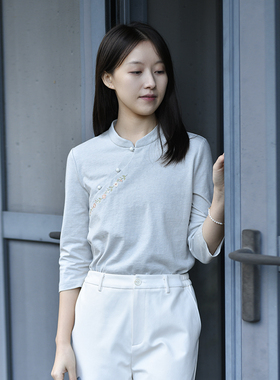 25CXA-109【点琼枝】前世今生复古新中式立领斜襟绣花针织T恤