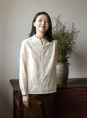 不.退换6-23QDA-136【草木沾衣】前世今生复古文艺绣花V立领衬衫