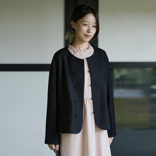 25QDA-125【昭阳日影】前世今生复古文艺黑色圆领直门襟短外套