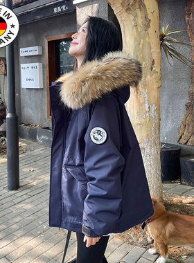 德国2025新款藏蓝色羽绒服女工装派克服短款小个子大毛领冬季外套