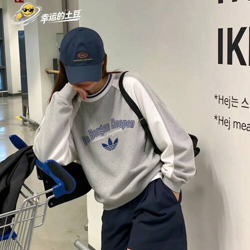 Adidas三叶草26年秋冬男女落肩拼色宽松运动长袖T恤KW5700 KW5701