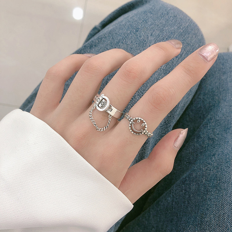 SMILEY FACE RING WOMENS INS TRENDY RETRO THAI SILVER EUROPEAN AND AMERICAN JUMPING COLD WINDY NICHE OPEN INDEX FINGER RING