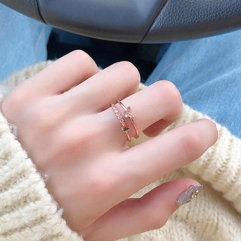 BUTTERFLY RING WOMENS JAPANESE LIGHT LUXURY NICHE DESIGN TEMPERAMENT SHINING DIAMOND RING JOINT RING INTERNET CELEBRITY GIFT