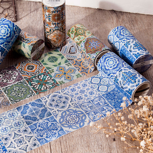 陌境砖花纹和纸胶带 青花彩砖异域复古手账拼贴手作小物装饰贴纸