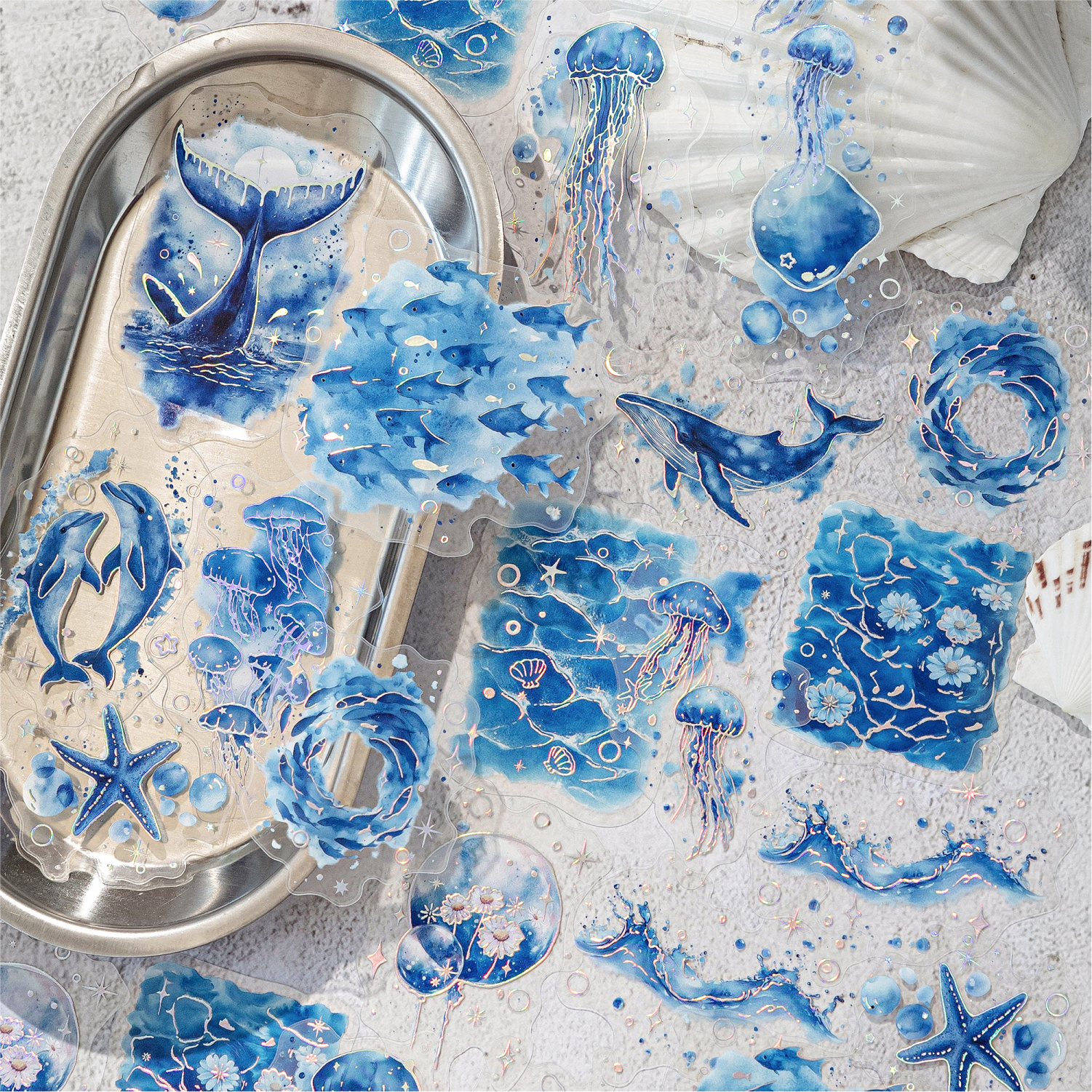 陌墨PET贴纸包  蓝调绘梦 梦幻蓝色海洋鲸鱼雨滴手账装饰防水贴画