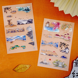 饰贴画 中国风山水文字小景物件手帐装 古风透明转印贴纸 景秀