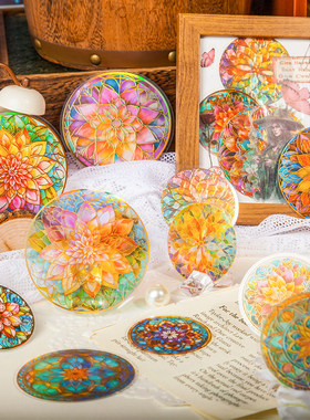 Retro Story琉璃曼陀罗PET贴纸 烫金教堂花窗古典花纹手账贴画