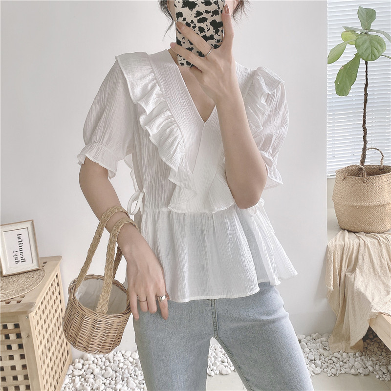 Real price French Short Sleeve Ruffle waist lace up slim V-neck foreign style top white blouse