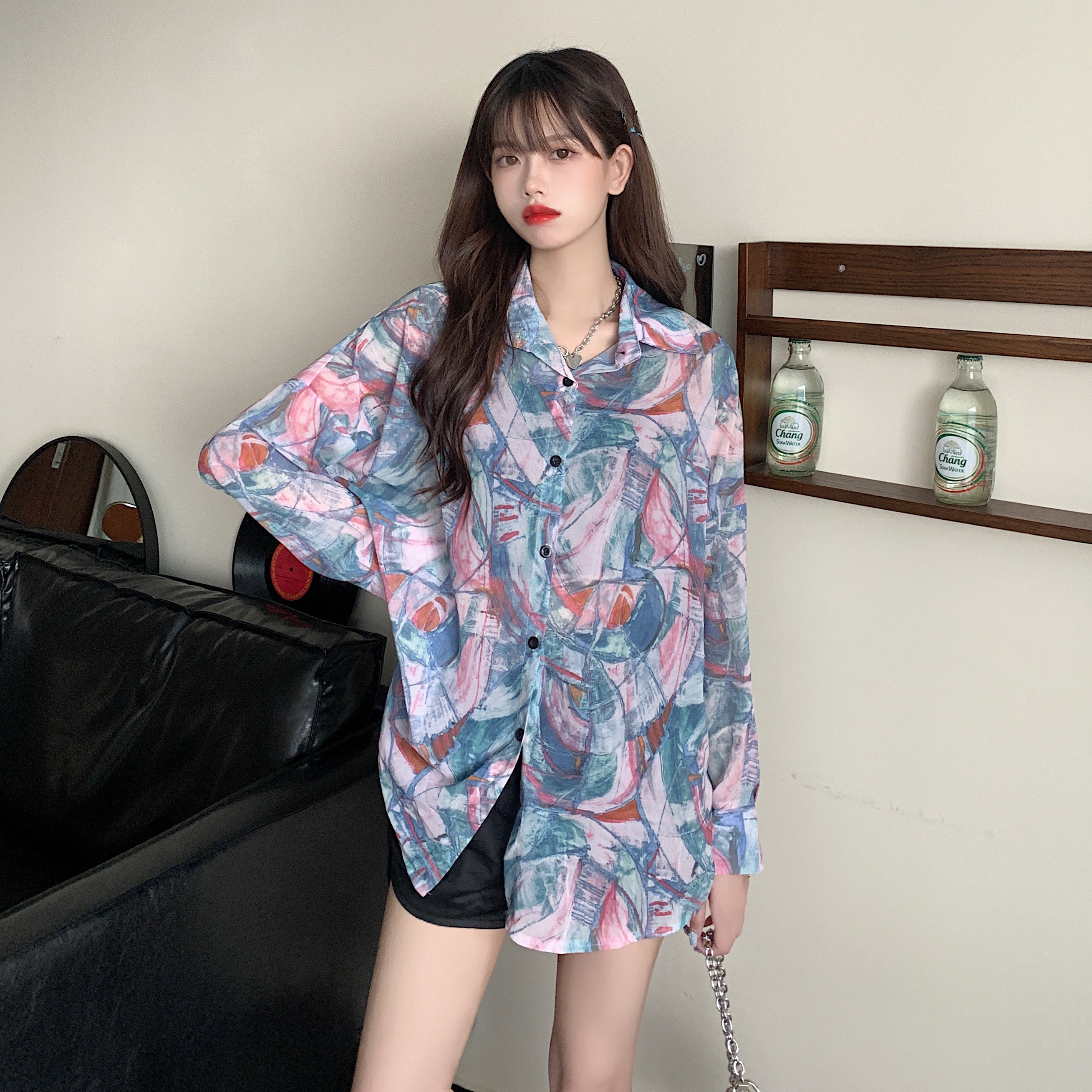 Real shot real price retro salt hand-painted printed loose Long Sleeve Shirt