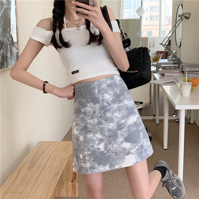 Real price tie dyed denim skirt summer new high waist slim minority A-line buttock skirt