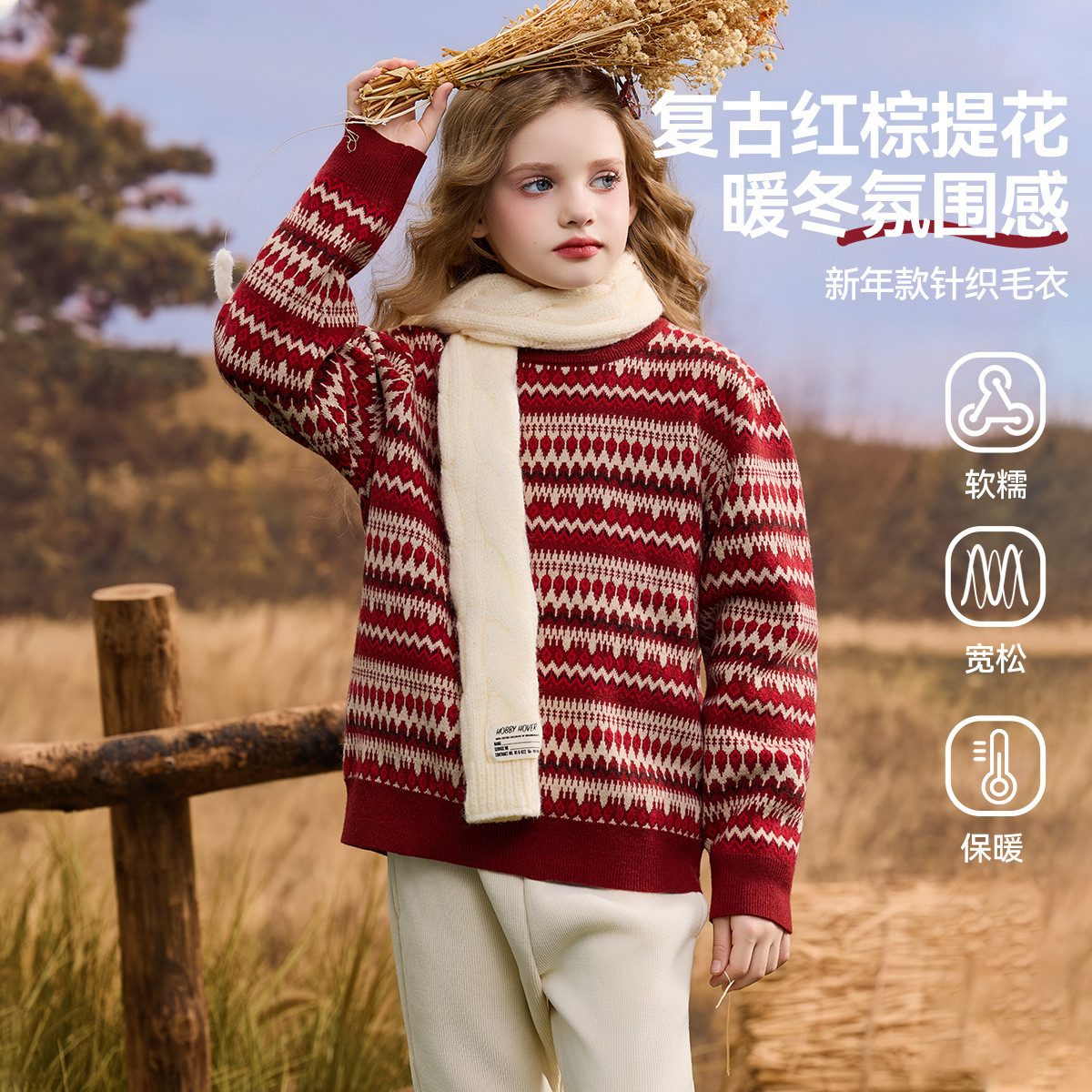 【呼呼严选专属】女童毛衣加厚保暖圆领毛衫时尚格纹JF5MKT20322F