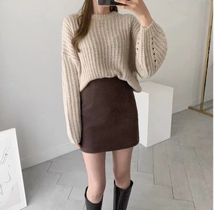 2024新款 棕色毛呢半身裙女秋冬高腰包臀裙黑色a字弹力一步裙短裙