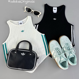 Adidas三叶草女子辣妹修身显瘦针织背心条纹运动T恤KC5844 KC5850