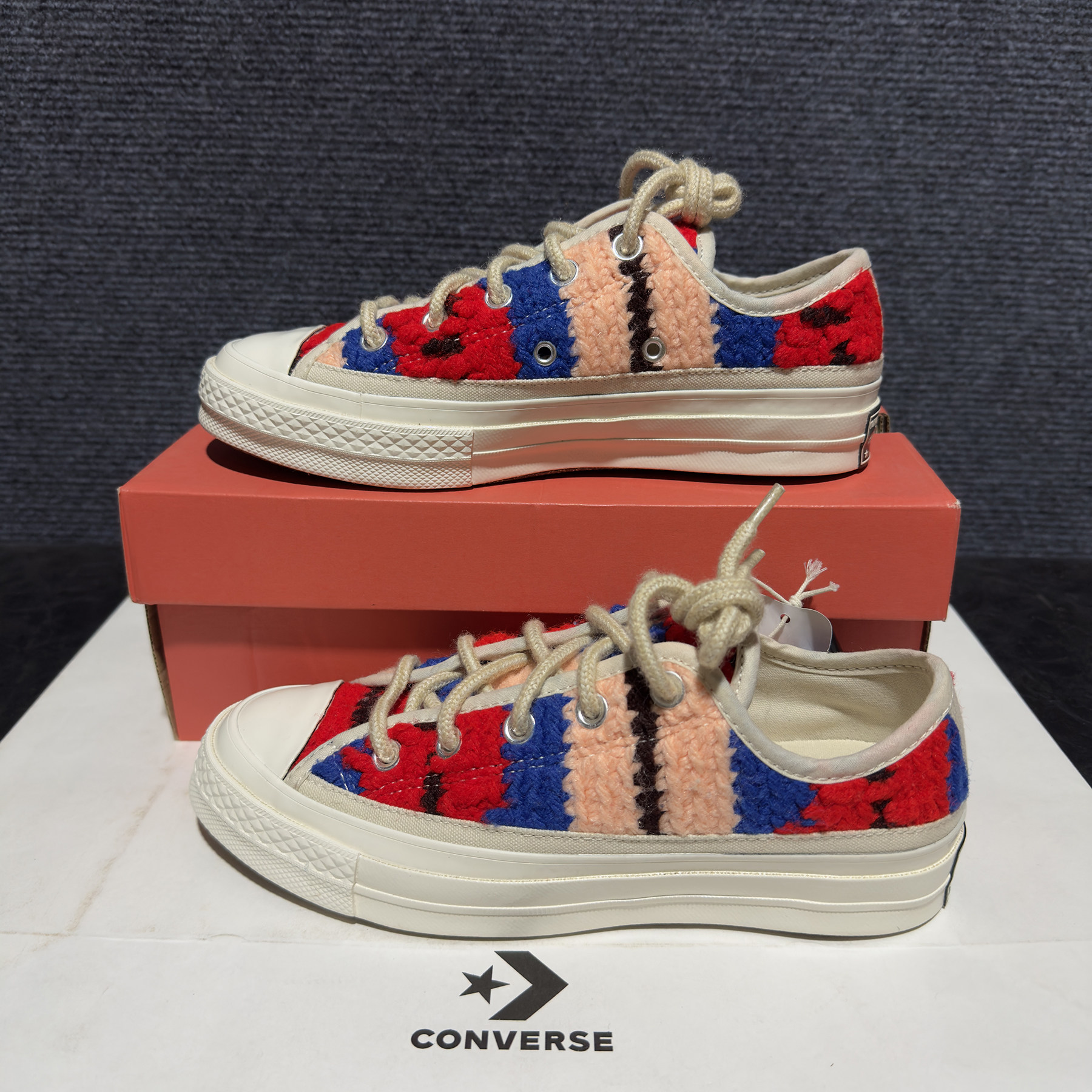 正品converse匡威 1970S毛线编织红蓝粉拼色低帮帆布鞋 A09229C