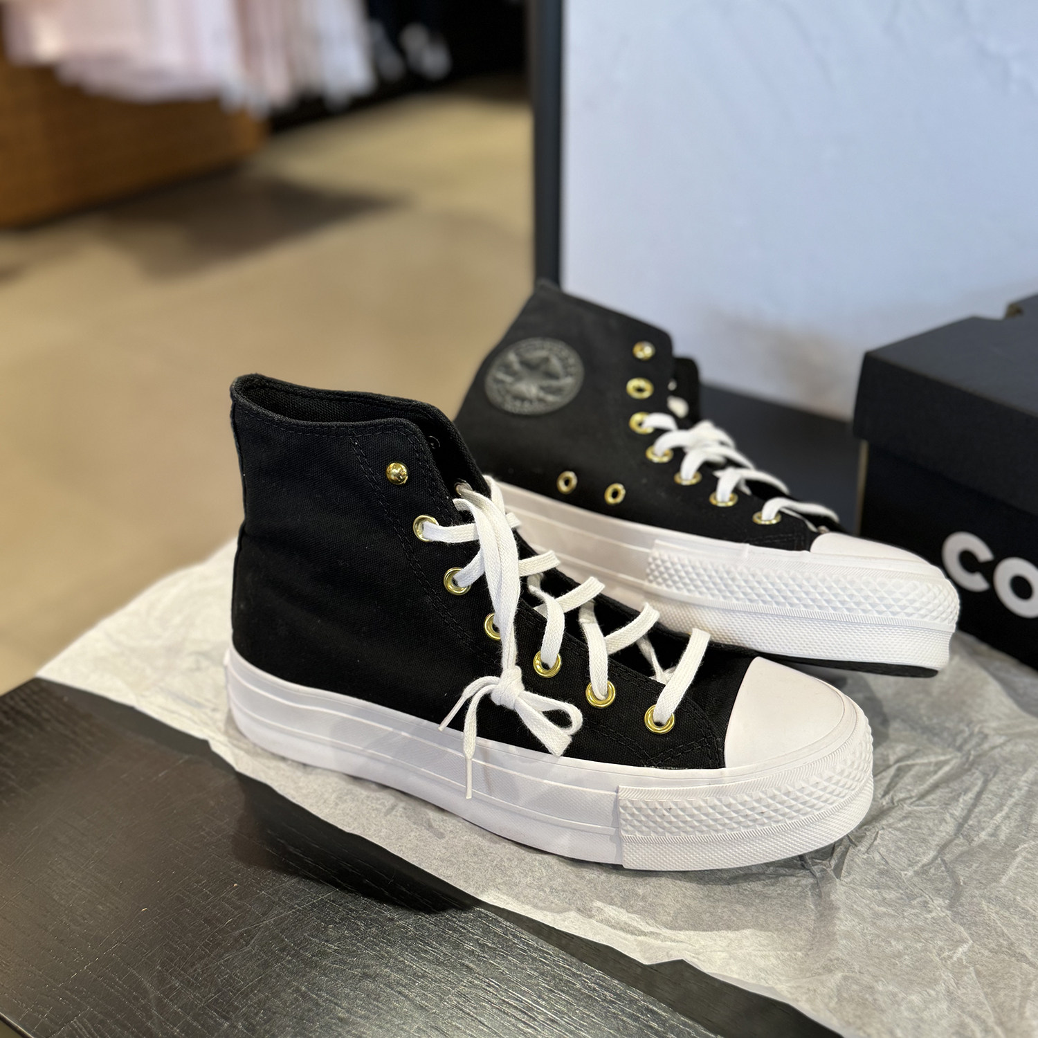正品CONVERSE匡威 All Star黑色铆钉厚底增高高帮帆布鞋 A05453C
