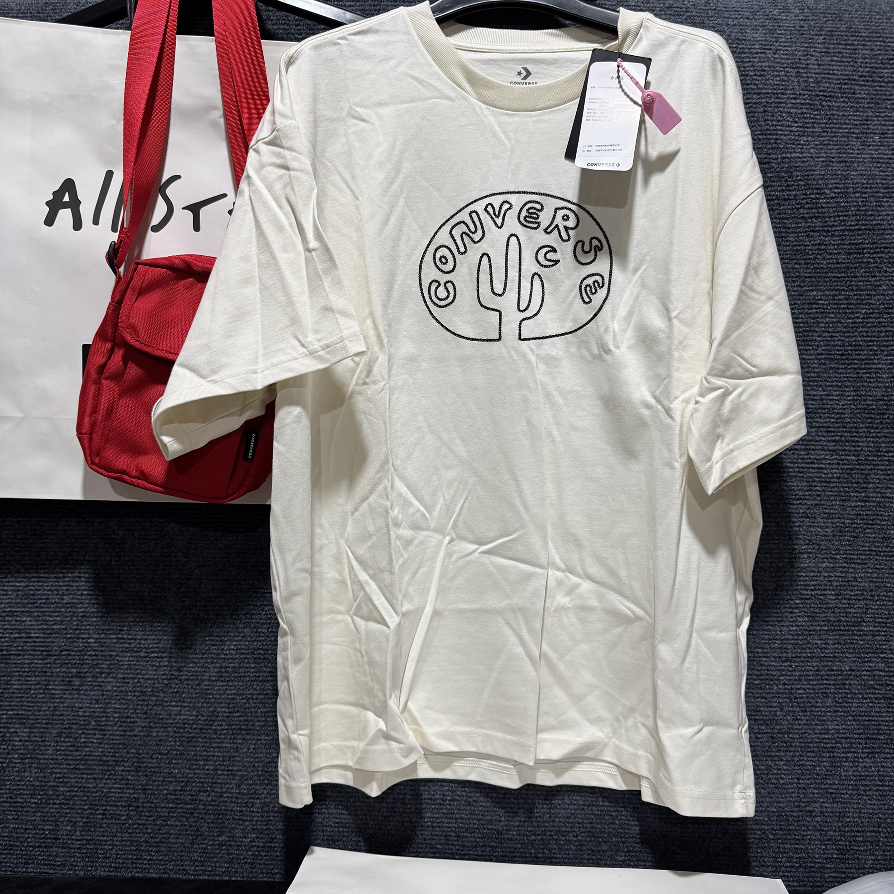 正品converse匡威 男款奶白色仙人掌刺绣纯棉短袖T恤10024727-A02