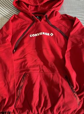 正品converse匡威 女大红色拼接宽松套头连帽衫卫衣 10024158-A01