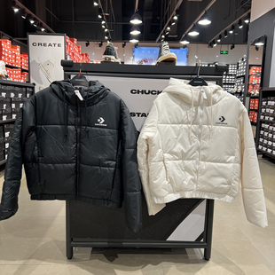 正品converse匡威 女子短款经典款黑色保暖棉服外套10023736-A03