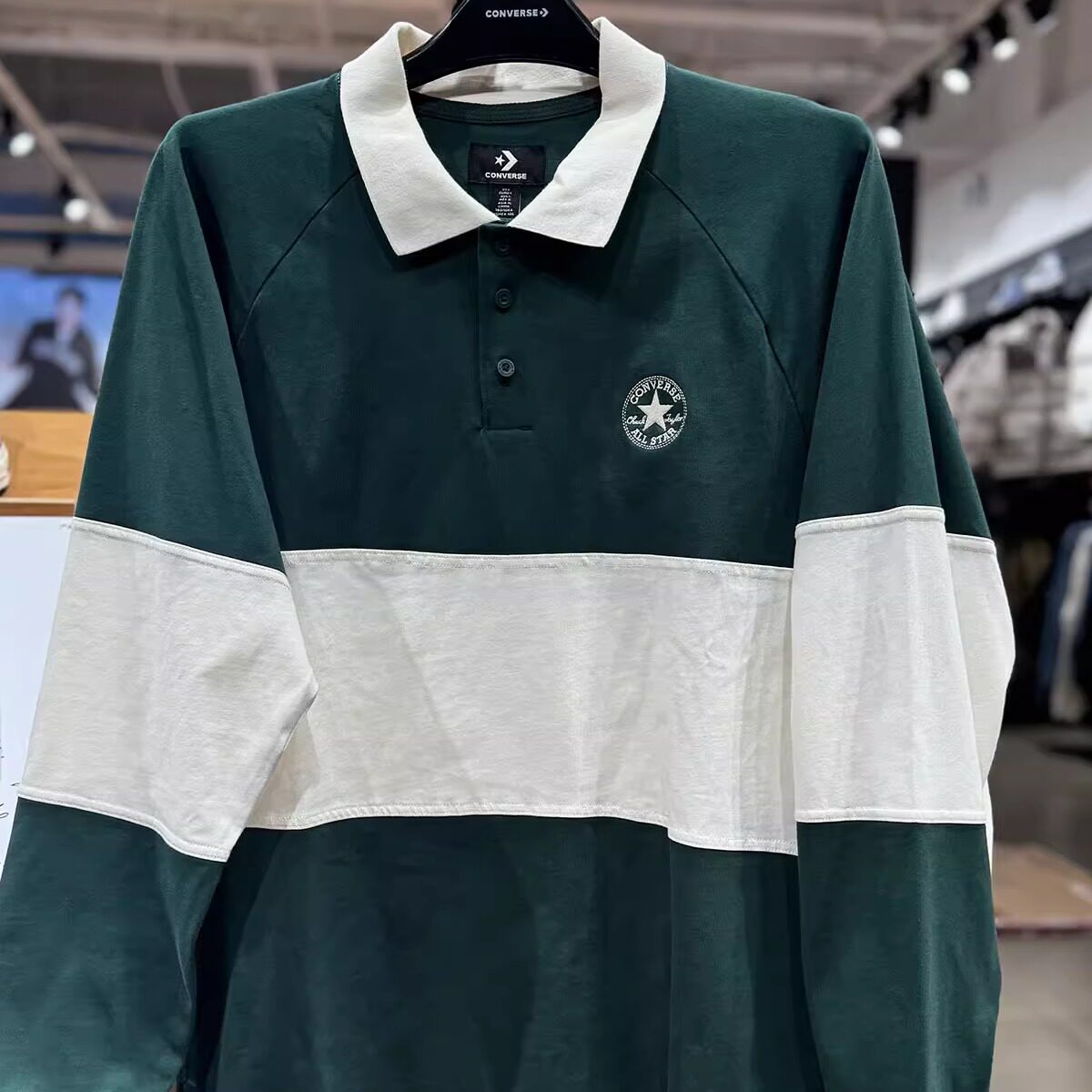 正品CONVERSE匡威 男女绿白学院风拼色翻领Polo长袖10027563-A01