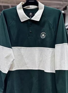 正品CONVERSE匡威 男女绿白学院风拼色翻领Polo长袖10027563-A01