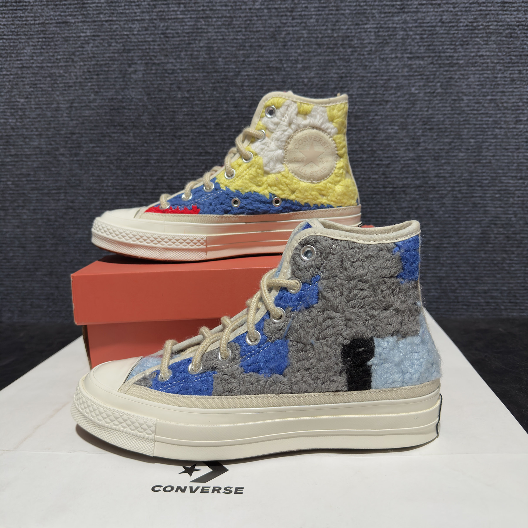 正品converse匡威 1970S毛线编织灰蓝橘黄拼色高帮帆布鞋 A09229C