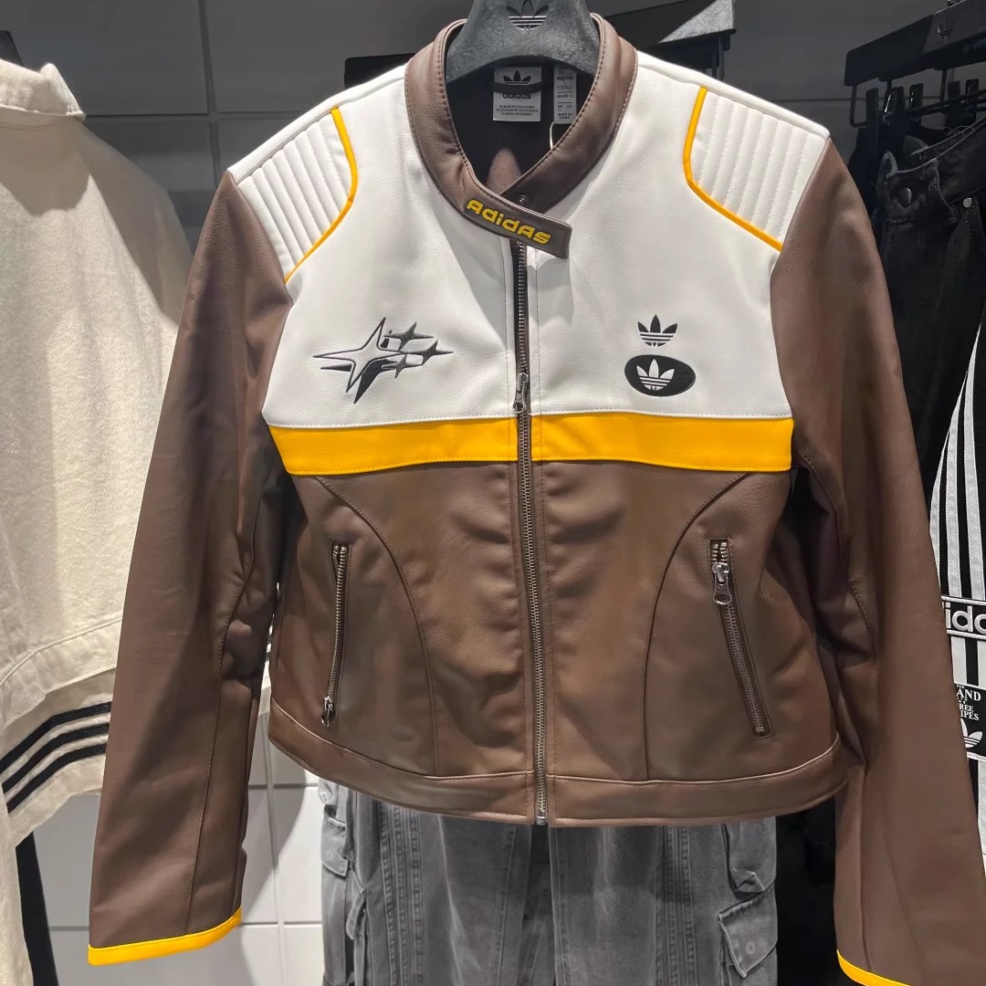 adidas三叶草 宋雨琦同款情人节PU皮外套机车赛车服皮夹克 JM8024